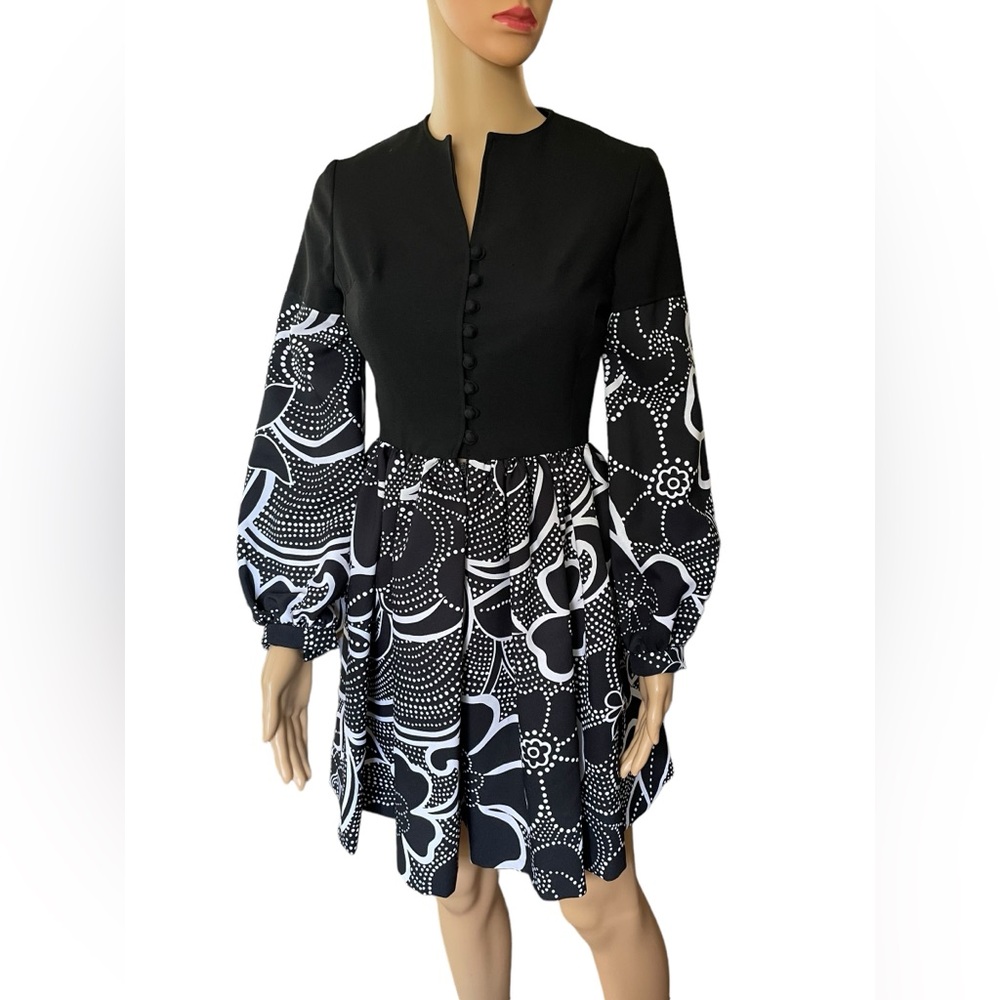 PBJ Vintage 70s Black White Hippie Whimsygoth Floral Polka Dot Button Mini Dress